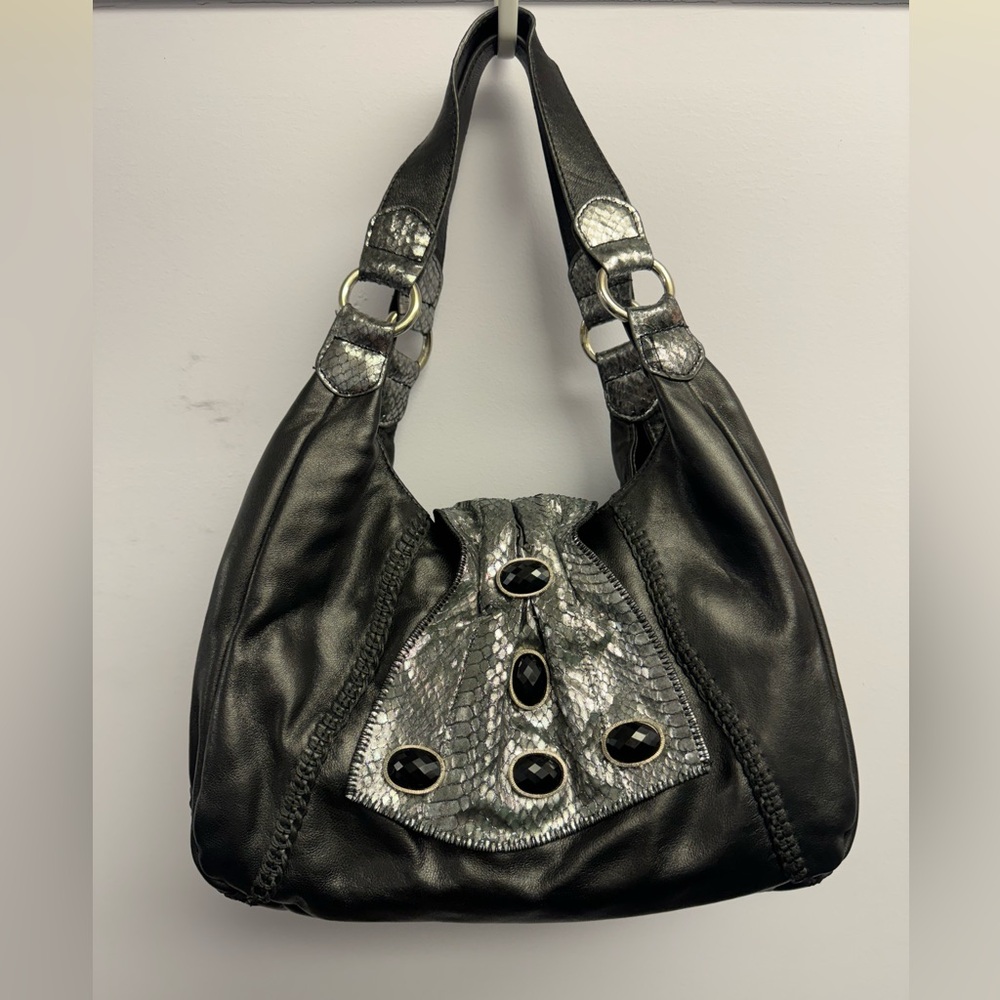 Chi by Carlos Falchi black and silver hobo bag